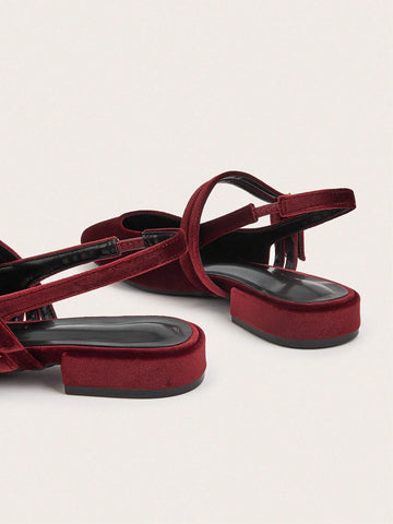 Holiday-Style Wine Red Round Toe Buckled Flat Shoes