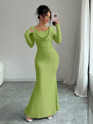 Elegant And Sexy Simple Suspender Tie Knot Hanging Neck Long Sleeved Mermaid Hem Tight Long Dress