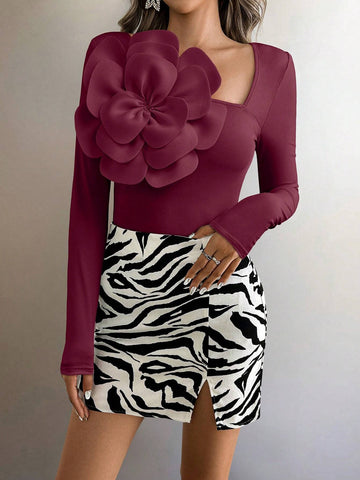 Clasi Women Elegant Solid-Color V-Neck 3D Floral Decor Fitted Long Sleeve T-Shirt