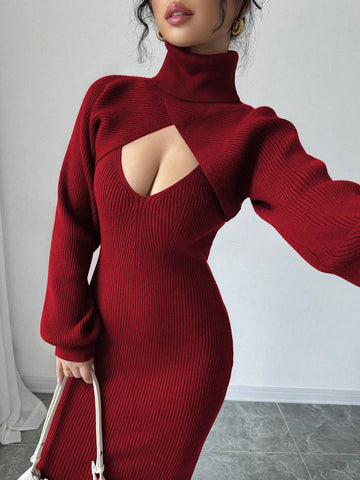 Raffinéa V-Neck Sleeveless Sweater Dress + High Neck Cropped Lantern Sleeve Pullover Sweater Set