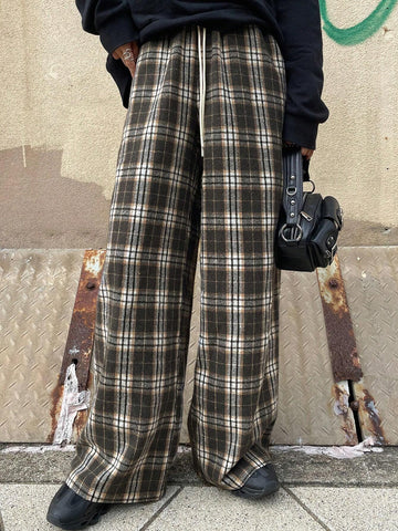 FRIFUL Women's Plaid Printed Wide Leg Pants