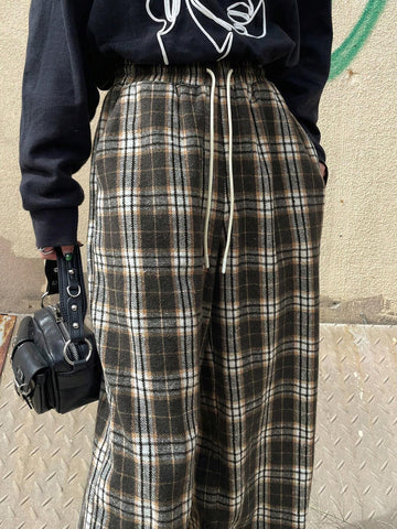 FRIFUL Women's Plaid Printed Wide Leg Pants