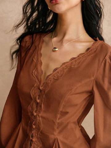 Poéselle Cotton Elegant Lace Trimmed Waist Button Detail Shirt