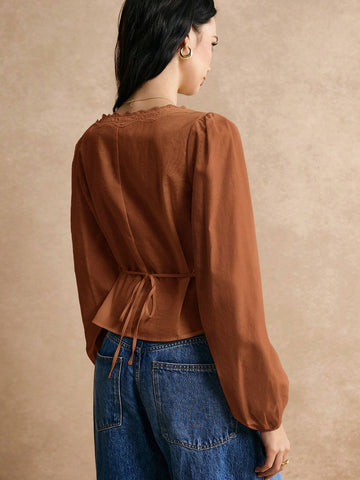 Poéselle Cotton Elegant Lace Trimmed Waist Button Detail Shirt