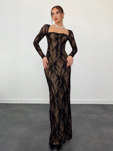 Sexy S-Shaped Lace Long Sleeve Cupped Corset Collar Slim Fitted Floor Length Dress