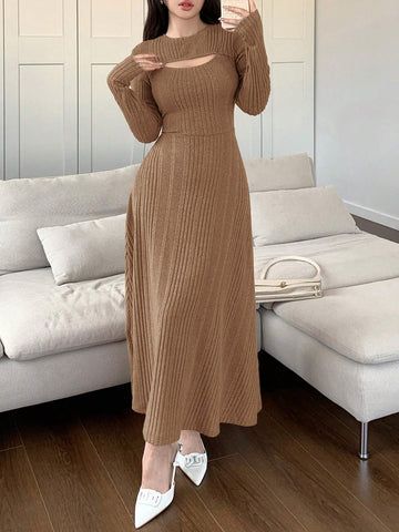 Modely Women Solid Color Round Neck Long Sleeve Casual Mid-Length Dress