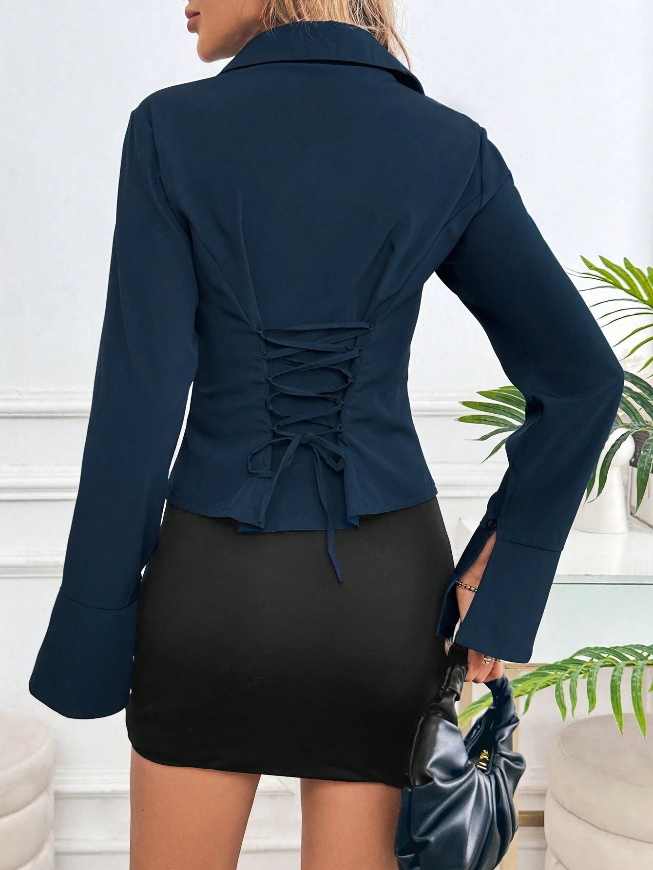 Women's Elegant Solid Color Tie-Waist Split-Hem Flare Sleeve Fitted Blouse