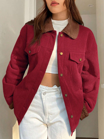 EZwear Borg Collar Drop Shoulder Teddy Lined Corduroy Jacket