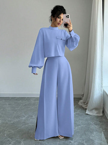 Elenzya Women Solid Lantern Sleeve Top And Wide Leg Pants Casual Loose Suit Set