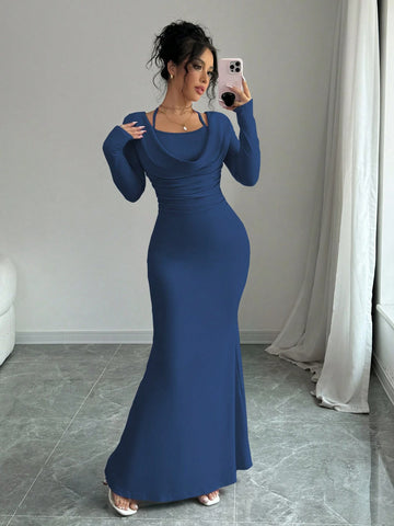 Elegant And Sexy Simple Suspender Tie Knot Hanging Neck Long Sleeved Mermaid Hem Tight Long Dress