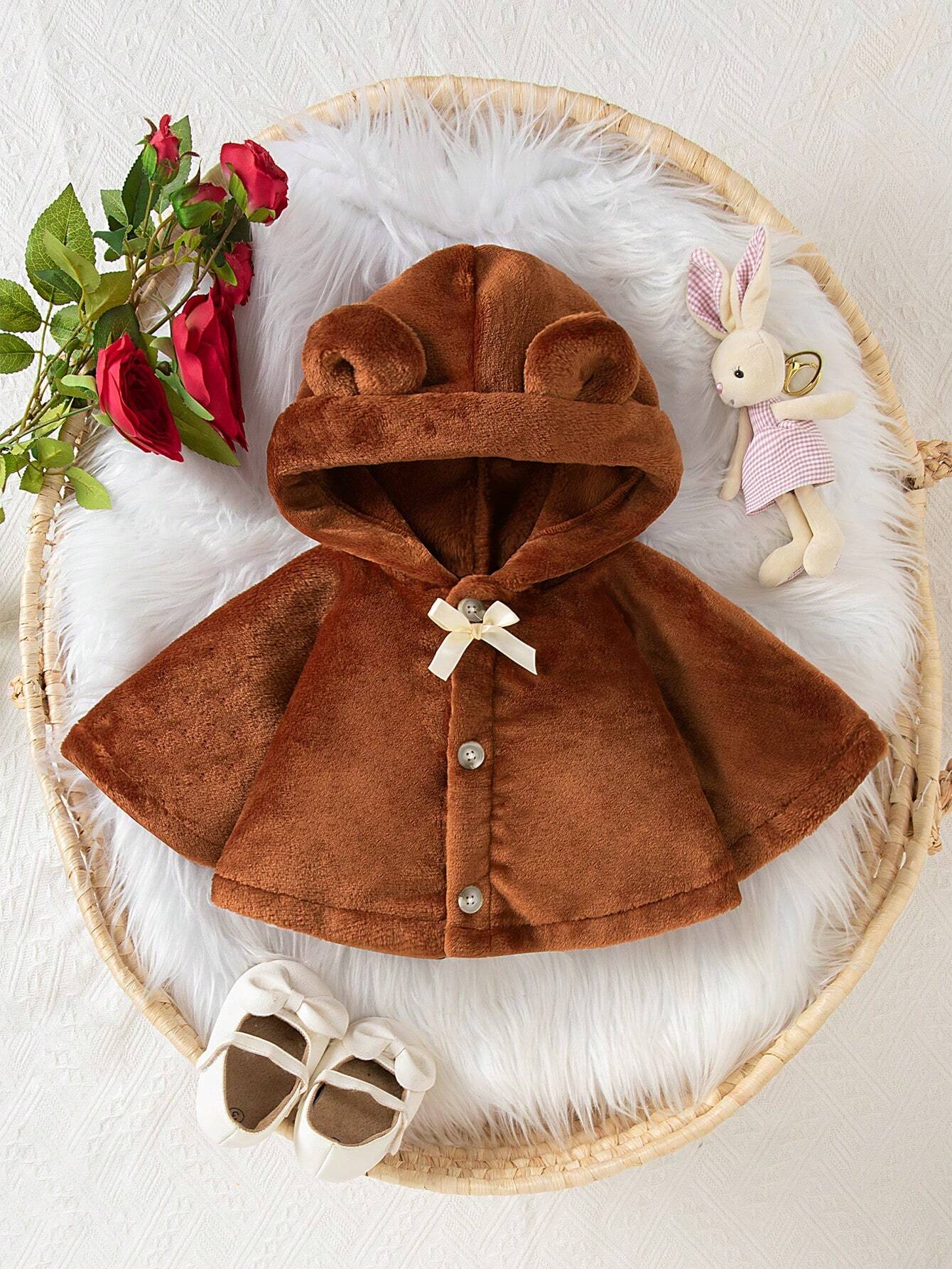 2-24M Baby Girls Furry Hooded Cape, Thick & Cozy