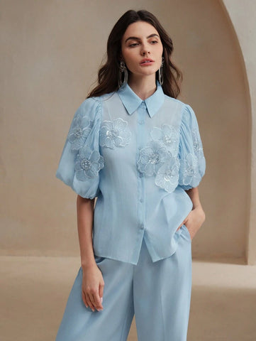 Anewsta Women Elegant Puff Sleeve Shirt With 3D Floral Pearl Decoration