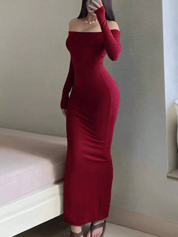 INAWLY Women Elegant Solid Color Off-Shoulder Fitted Dress