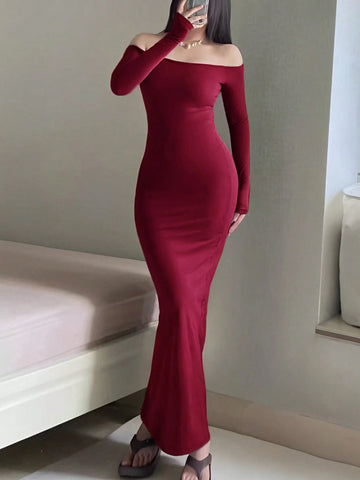 Women's Solid Color Off Shoulder Long Sleeve Slim Fit Long Dress