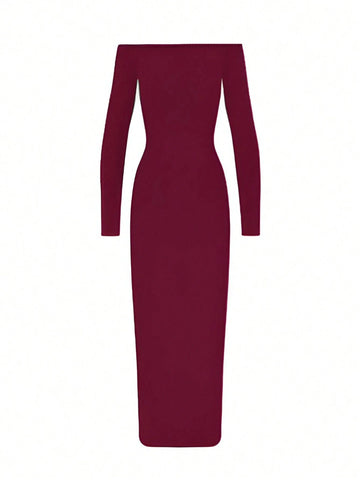 Women's Solid Color Off Shoulder Long Sleeve Slim Fit Long Dress