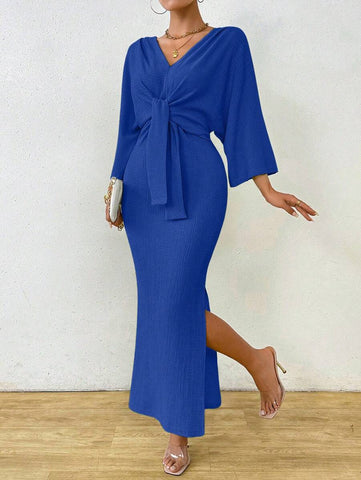 Clasi 1pc Women Plain Color Long Sleeve Front Tie Slit Simple Casual Dress