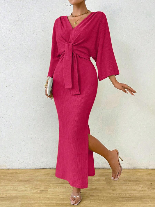 Clasi 1pc Women Plain Color Long Sleeve Front Tie Slit Simple Casual Dress