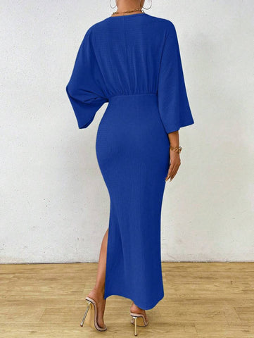 Clasi 1pc Women Plain Color Long Sleeve Front Tie Slit Simple Casual Dress