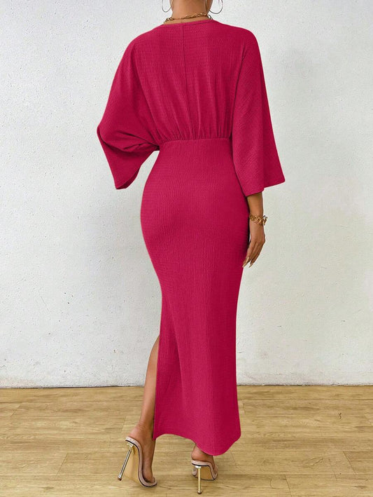 Clasi 1pc Women Plain Color Long Sleeve Front Tie Slit Simple Casual Dress