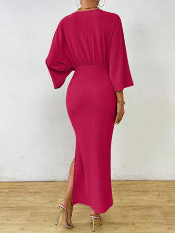 Clasi 1pc Women Plain Color Long Sleeve Front Tie Slit Simple Casual Dress
