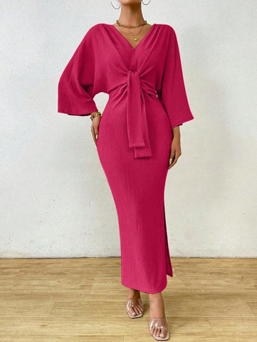 Clasi 1pc Women Plain Color Long Sleeve Front Tie Slit Simple Casual Dress