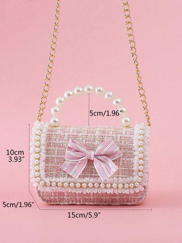 1pc Mini Girls' Cloth Shoulder Bag With Bowknot, Pearl Beads, Lace Edge And Metal Chain