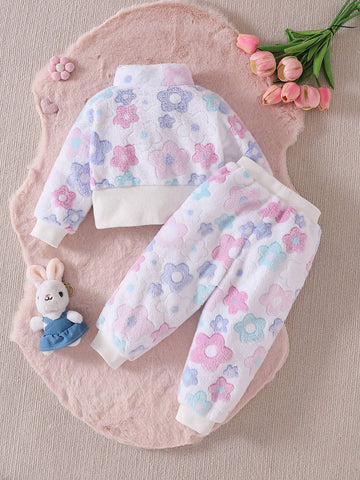 2pcs Set Baby Girls Floral Furry Zip Jacket And Furry Pants