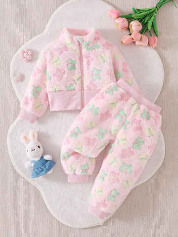 2pcs Set Baby Girls Floral Furry Zip Jacket And Furry Pants