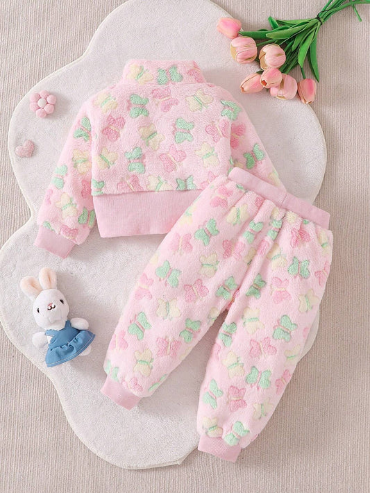 2pcs Set Baby Girls Floral Furry Zip Jacket And Furry Pants