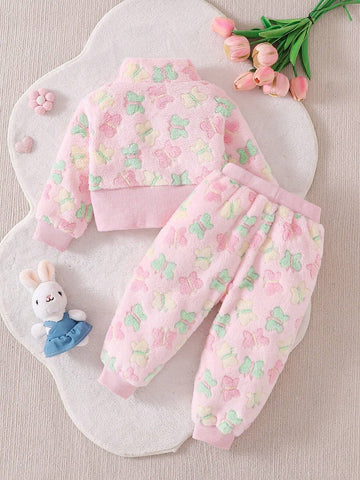 2pcs Set Baby Girls Floral Furry Zip Jacket And Furry Pants