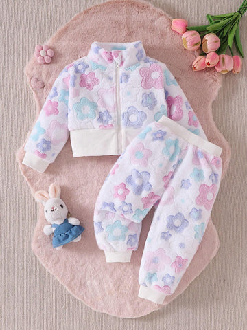 2pcs Set Baby Girls Floral Furry Zip Jacket And Furry Pants