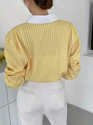 Women's Striped Long Sleeve Loose Pocket Casual Shirt