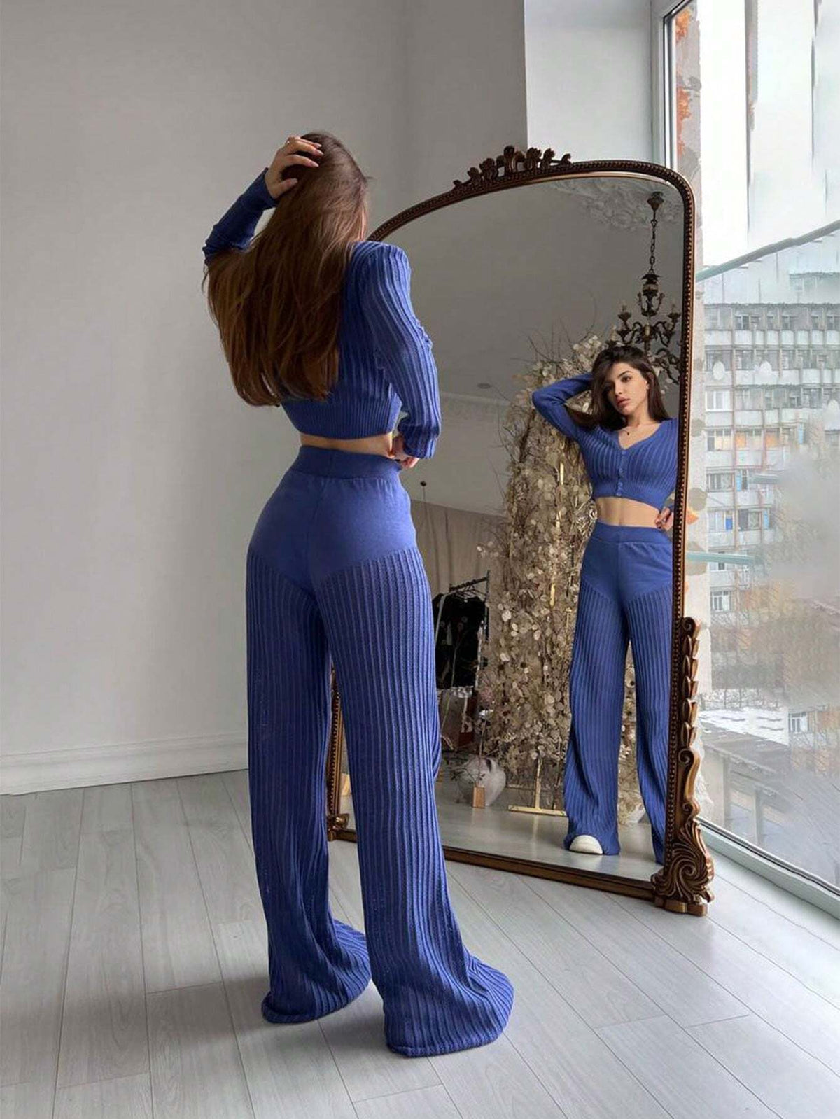 Stylish Knitted Sheer Solid Color Hollow Out Blouse And High Waist Long Pants 2pcs Suit Set