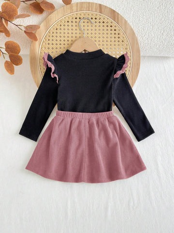 Cozy Pixies 2pcs Baby Girl Collared Ruffle Long Sleeve Blouse & Elastic Waist Skirt Set