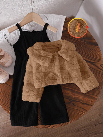 Baby Girl Thicken Fleece Plaid Jacquard Jumpsuit Outfit