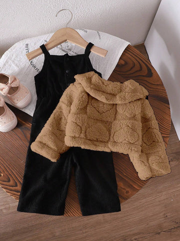 Baby Girl Thicken Fleece Plaid Jacquard Jumpsuit Outfit