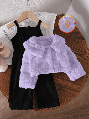 Baby Girl Thicken Fleece Plaid Jacquard Jumpsuit Outfit