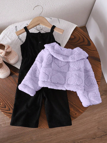 Baby Girl Thicken Fleece Plaid Jacquard Jumpsuit Outfit