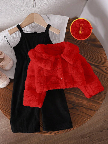 Baby Girl Thicken Fleece Plaid Jacquard Jumpsuit Outfit