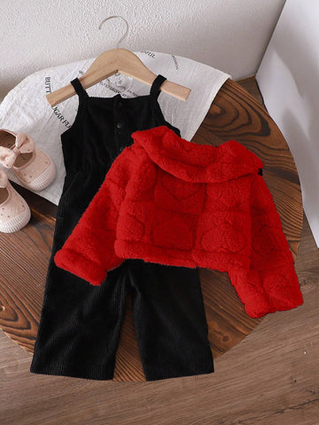 Baby Girl Thicken Fleece Plaid Jacquard Jumpsuit Outfit