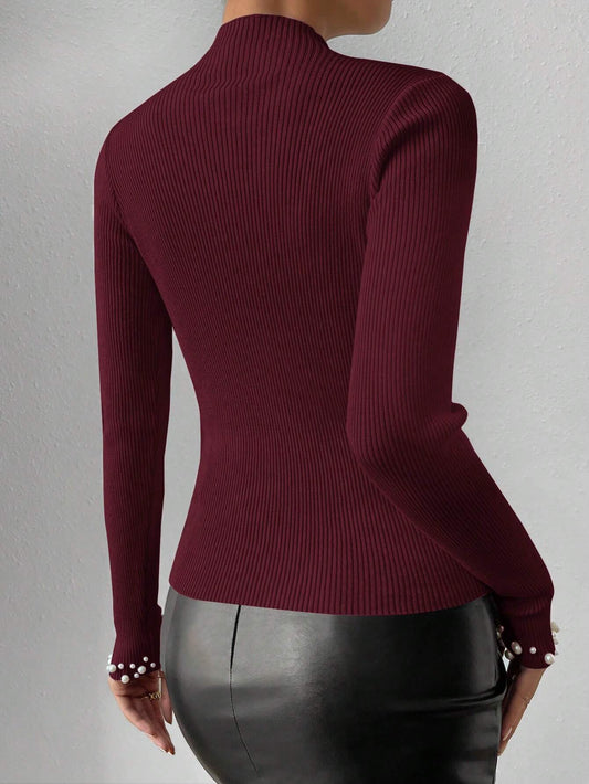 Privé Solid Color Stand Collar Pearl Decor Fitted Elegant Long Sleeve Pullover Sweater