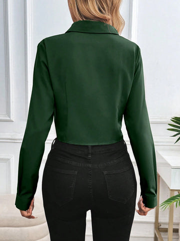 Women's Casual Solid Curved Hem Button Down Shirt