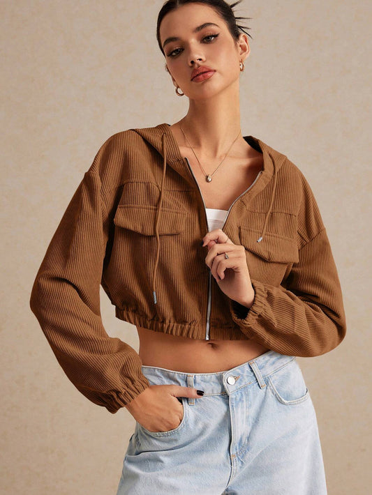 Poéselle Flap Detail Drop Shoulder Drawstring Hooded Crop Corduroy Jacket