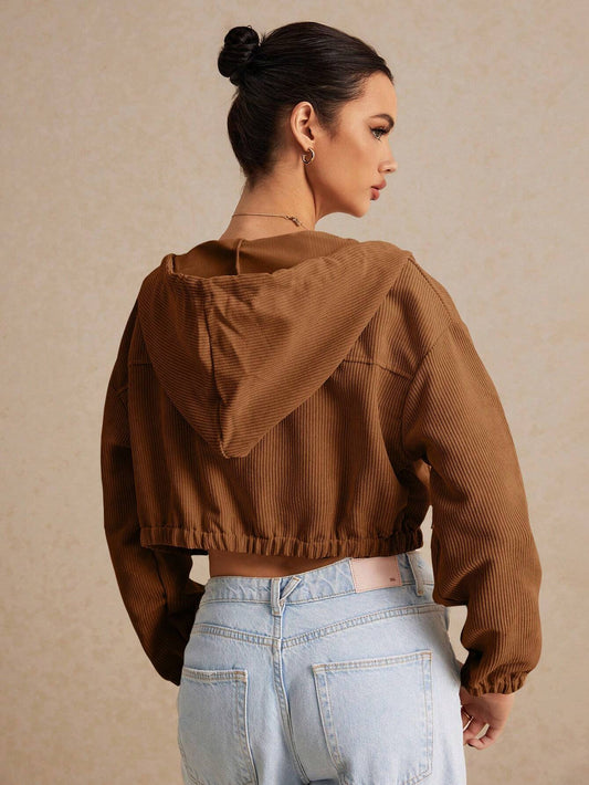 Poéselle Flap Detail Drop Shoulder Drawstring Hooded Crop Corduroy Jacket