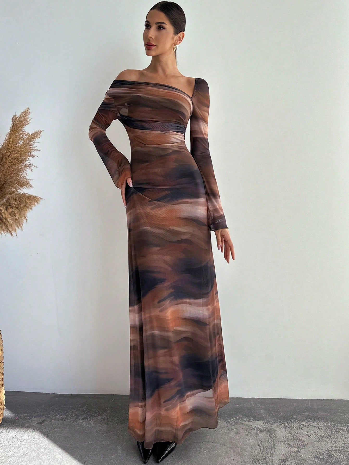 Tie Dye Chiffon Asymmetrical Shoulder Flowing Long Sleeve Slim Fit Dress