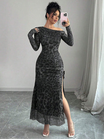 Elegant Tie Dye Gradient Ruched Mesh Leopard Print Asymmetrical Neck High Slit Dress
