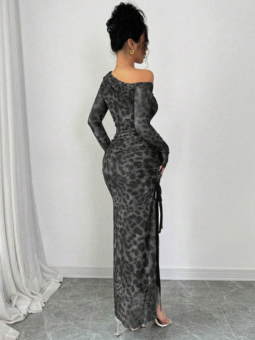 Elegant Tie Dye Gradient Ruched Mesh Leopard Print Asymmetrical Neck High Slit Dress