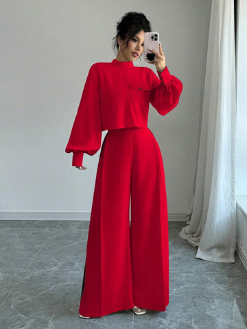 Elenzya Women Solid Lantern Sleeve Top And Wide Leg Pants Casual Loose Suit Set