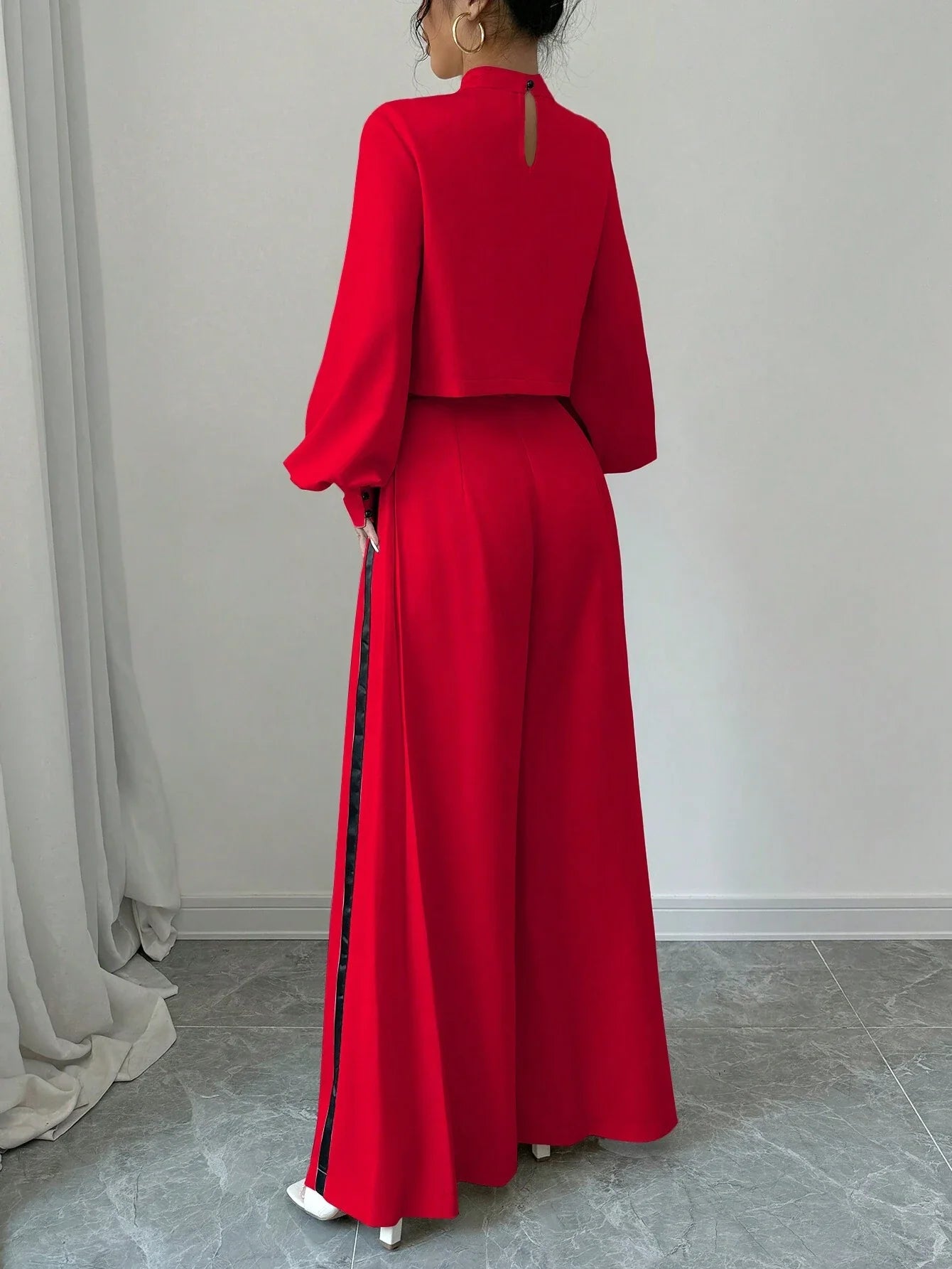 Elenzya Women Solid Lantern Sleeve Top And Wide Leg Pants Casual Loose Suit Set