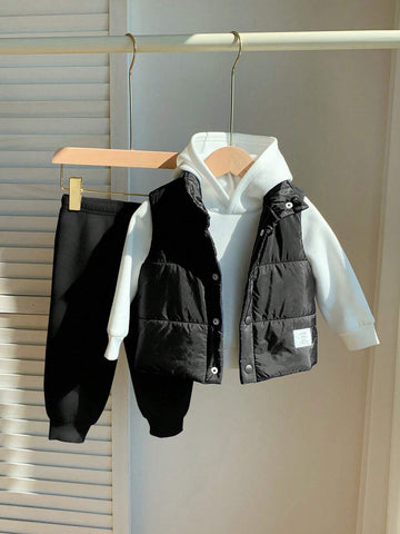 3pcs/Set Baby Boy Casual Cute Knitted Long Sleeve Hooded Sweatshirt, Elastic Waist Jogger Pants And Fleece Lined Vest